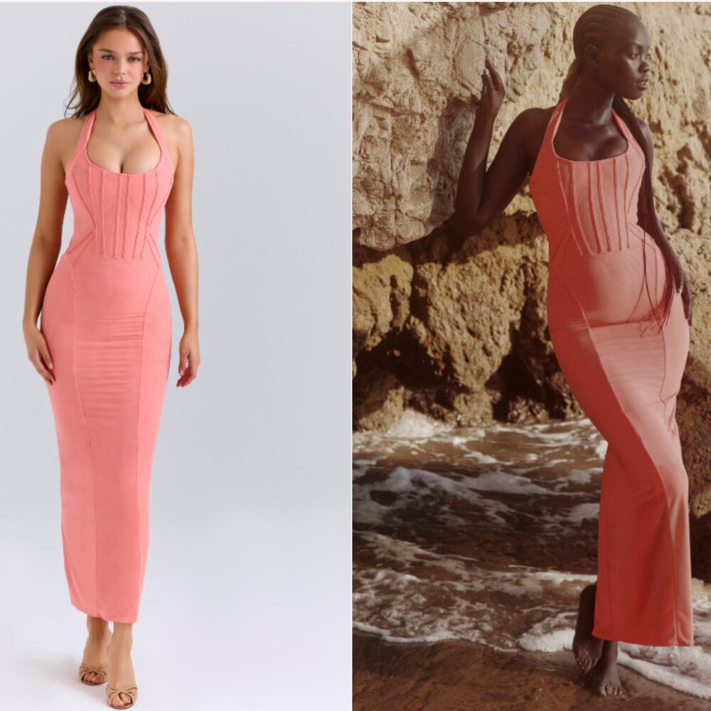 House of CB LUSILLA Coral Stretch Mesh Halter Neck Midi Dress NWOT